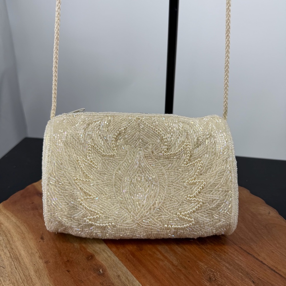 Bechamel white beaded evening shoulder bag